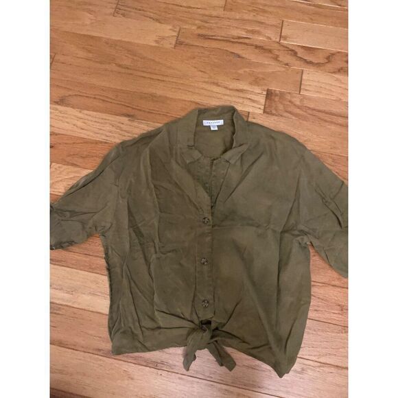 Topshop Women's Olive Green cropped Button-Up Tie-Front collared Shirt Size US 6 - Picture 1 of 8